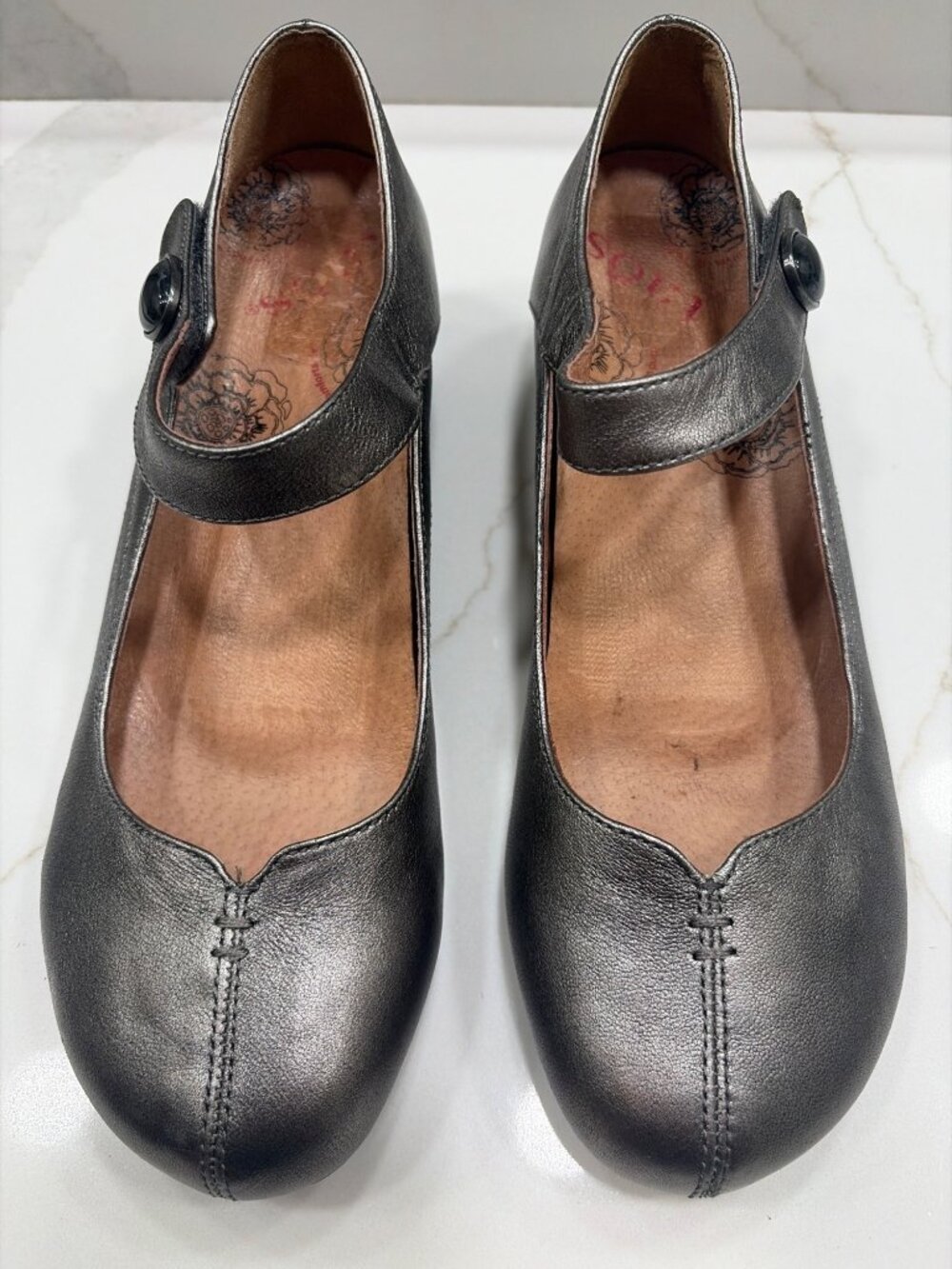 Taos Ta Dah Mary Jane Block Heel Size EU 39 US 8.5 Leather Metallic Pewter